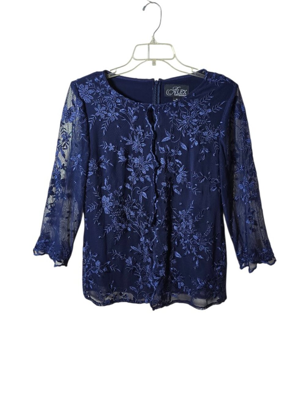 Alex Evenings Navy Embroidered Mesh Jacket Womens Formal Evening Top 3/4 Sleeve